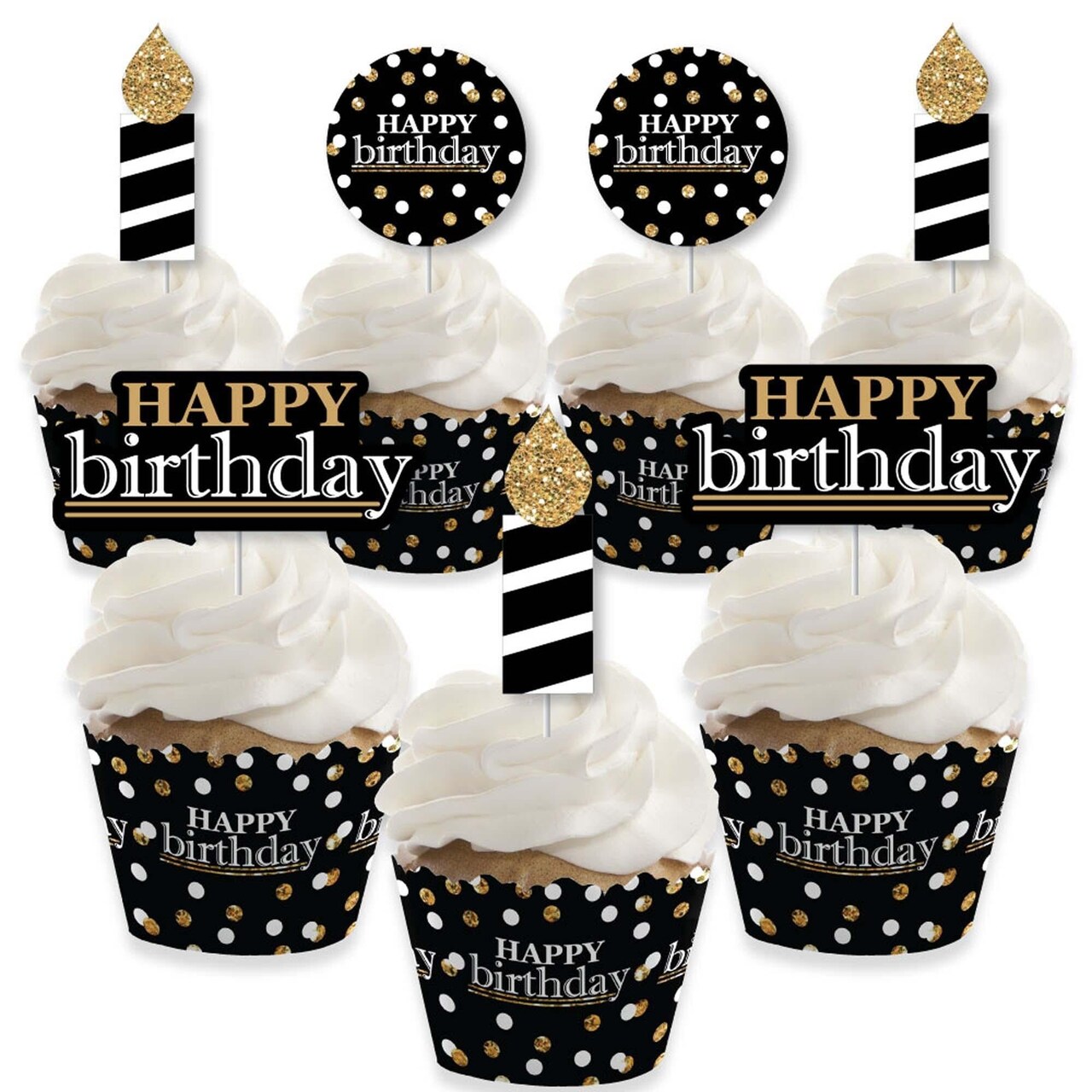 Big Dot of Happiness Adult Happy Birthday - Gold - Cupcake Decoration - Birthday Party Cupcake Wrappers and Treat Picks Kit - Set of 24